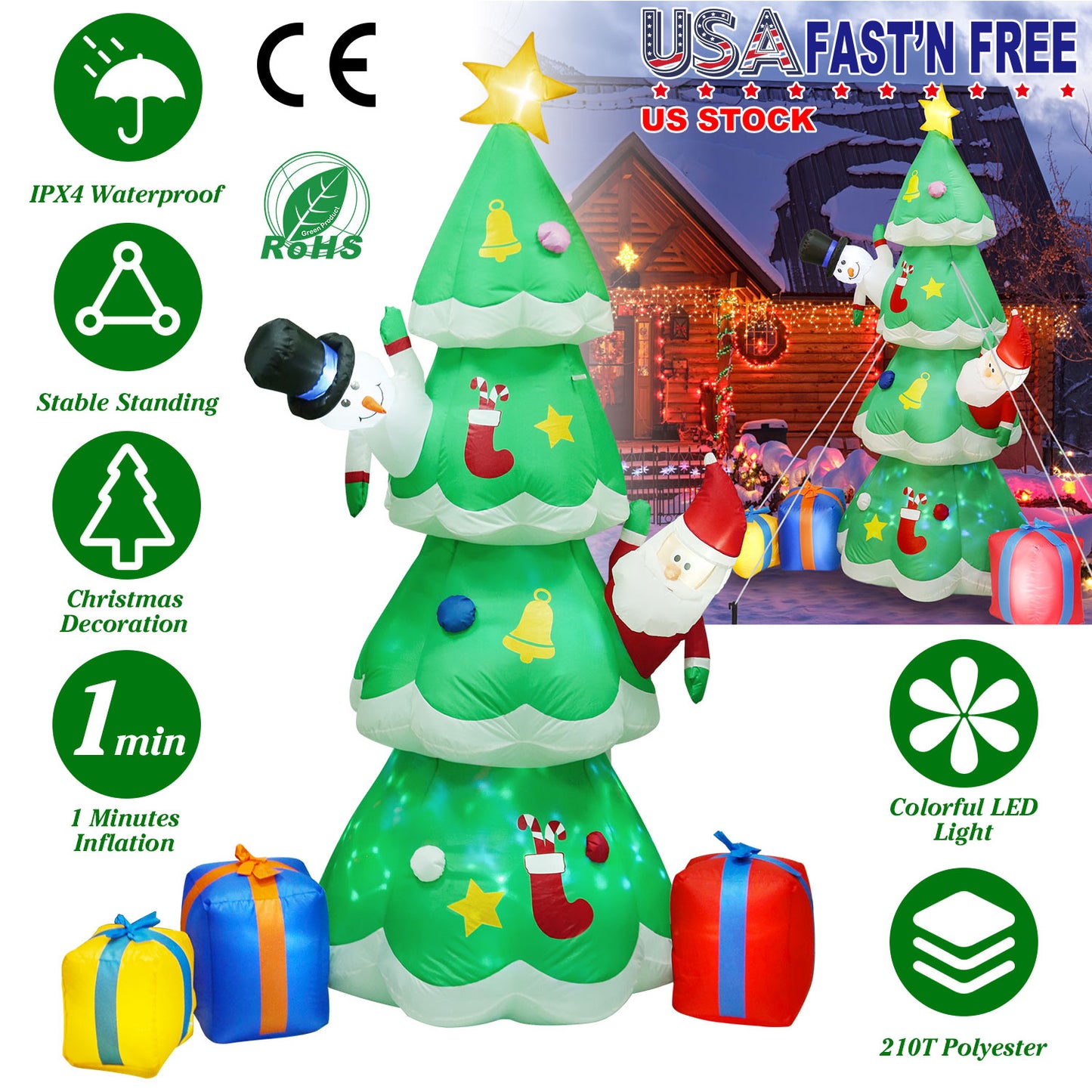 LJGelectro - 6.89FT Christmas Inflatable Outdoor Decoration with Christmas Tree Gift Box Santa Claus Blow Up Yard Decoration with LED Light Built-in Air Blower for