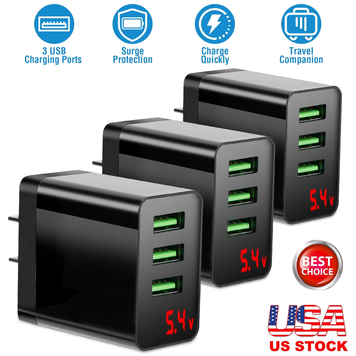 LJGelectro - 3 Packs 3-Port USB Wall Charger USB Hub Charger Wall Power Charging Plug Adapter Fit For Samsung Galaxy S9/S8 Note 8/9 iPhone Pad Tablet and More USB