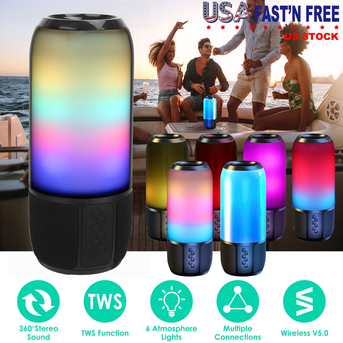 LJGelectro - Wireless Portable Speaker Loud Stereo Speaker with 6 Color Changing Lights Radio Party TWS Speaker for Home Outdoor Travelling