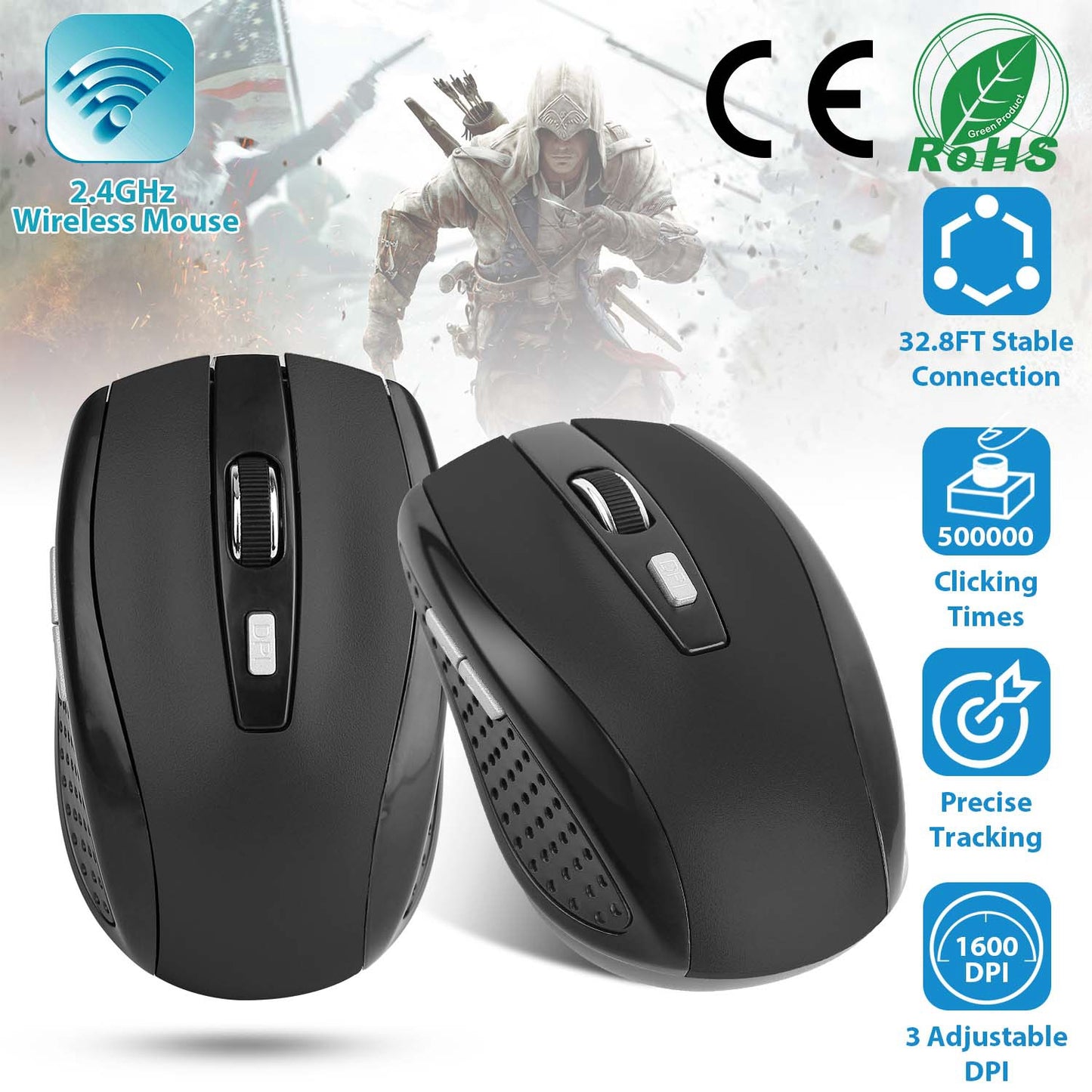 LJGelectro - 2.4G Wireless Gaming Mouse Optical Mice w/ Receiver 3 Adjustable DPI 6 Buttons For PC Laptop Computer Macbook