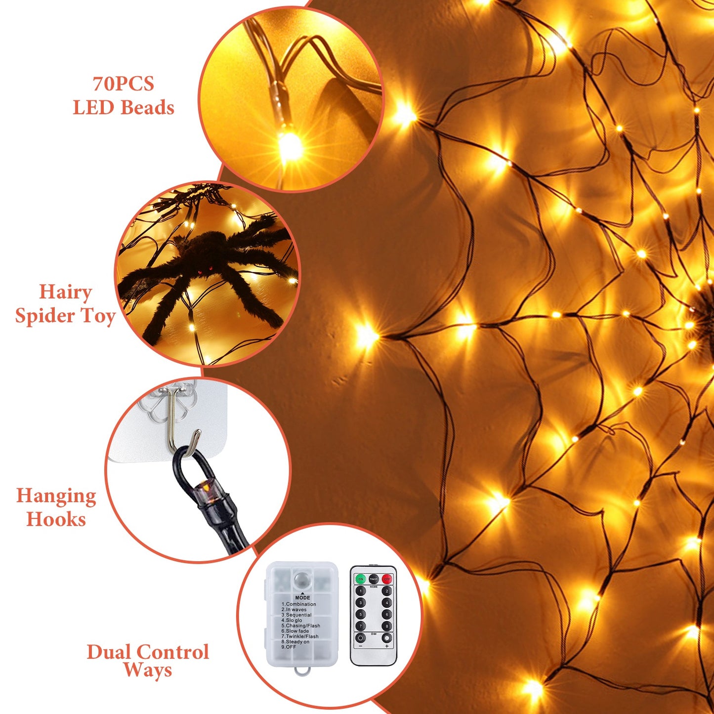 LJGelectro - 3.28FT Spider Web Light with Hairy Spider 70LED Battery Powered Remote Control 8 Lighting Modes Glowing Outdoor Indoor Wall Halloween Decoration