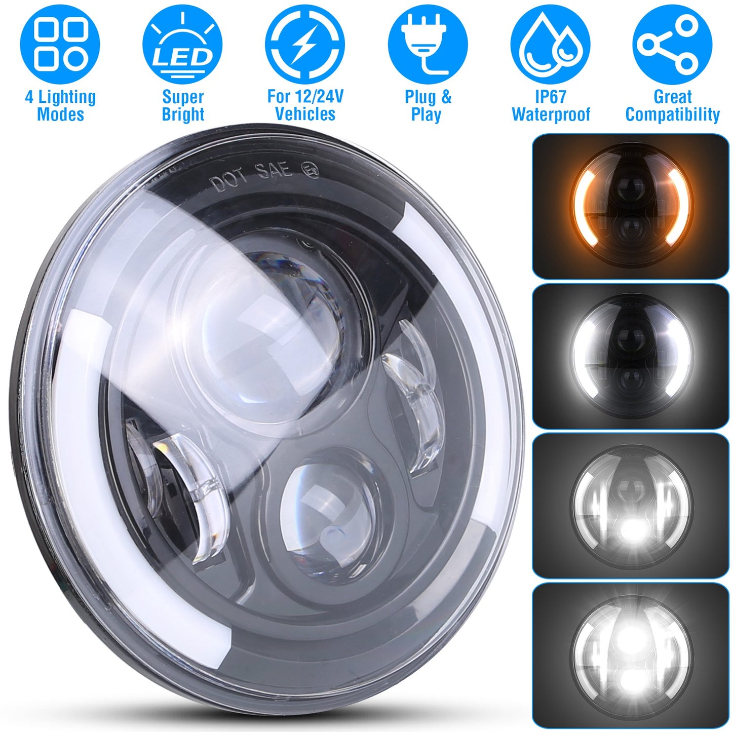 LJGelectro - 7In 40W Round LED Headlight 3800LM Halo Car Headlamp with DRL Turn Light High Low Beam Fit for Honda Yamaha Motorcycle Jeep Wrangler TJ JK CJ