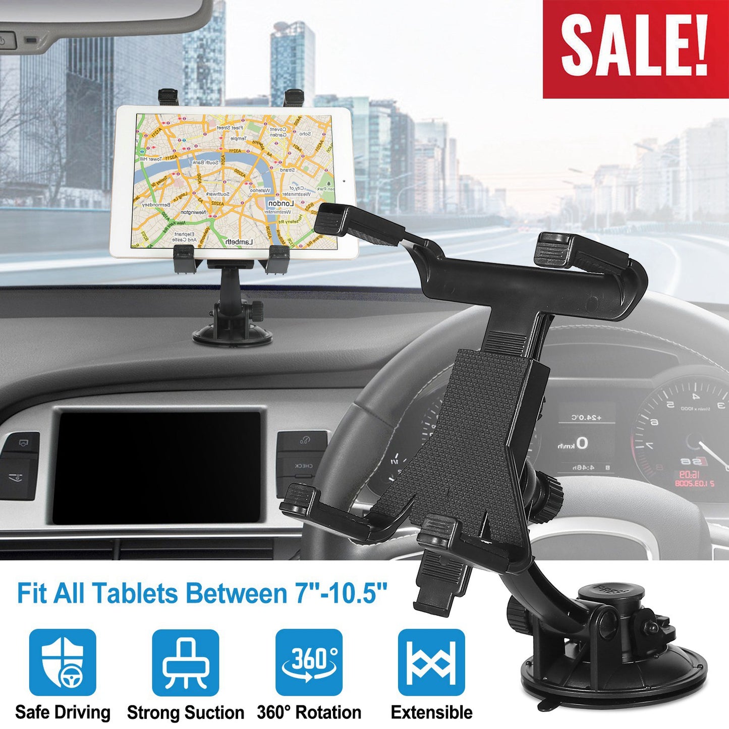 LJGelectro - 360° Car Windshield Tablet Mount Holder Dashboard Tablet Stand For 7-10.5" Tablet GPS