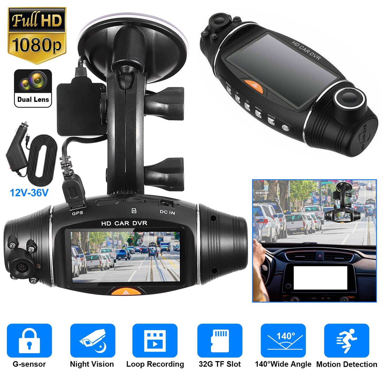 LJGelectro - FHD 1080P Dual Lens Car DVR Dash Cam GPS Camera Video Recorder G-Sensor Night Vision