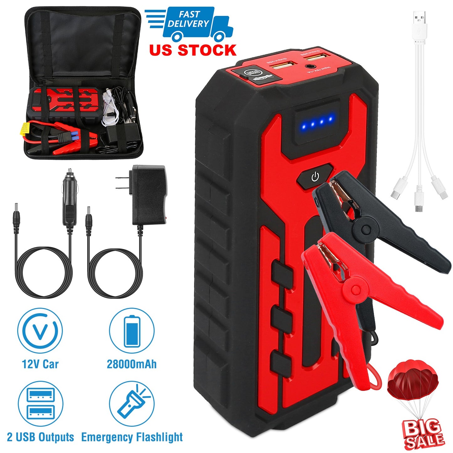 LJGelectro - Car Jump Starter Booster 800A Peak 28000mAh Battery Charger Power Bank w/ 4 Modes LED Flashlight for Up to 6.0L Gas or 4.0L Diesel Engine Car