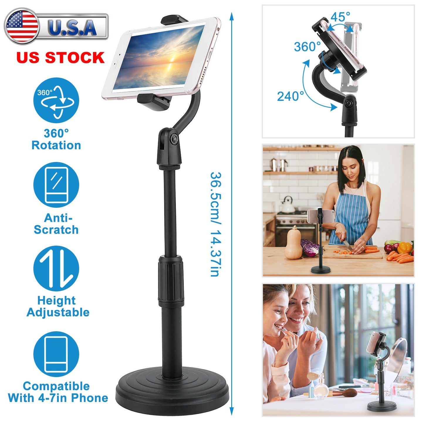 LJGelectro - Desktop Phone Stand Angle Height Adjustable Phone Clamp Mount Rotatable Cell Phone Holder For 4-7in Device Selfie Vlog Recording Streaming