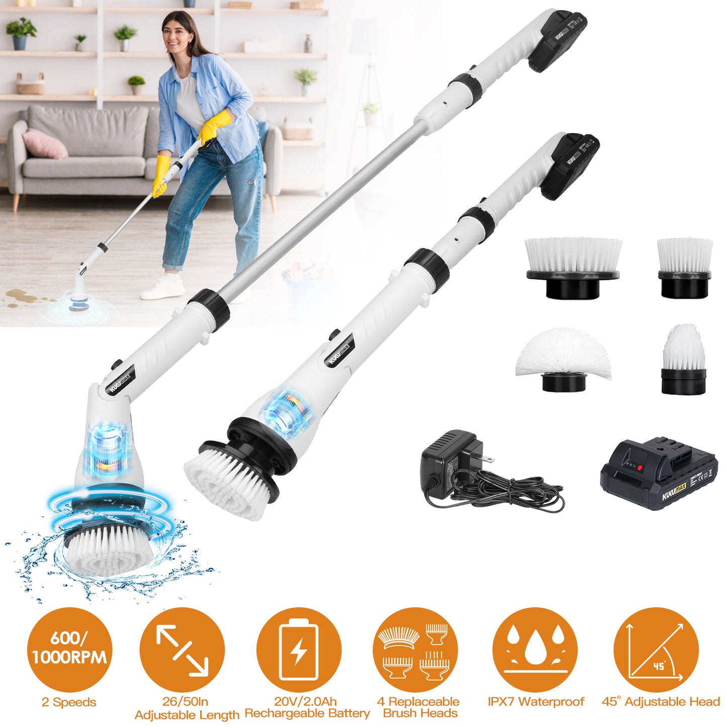 LJGelectro - Electric Spin Scrubber Cordless Handheld Rechargeable Cleaning Brush with 4 Replaceable Heads 600/1000RPM Speeds 26/50in Length 20V/2.0Ah Battery for