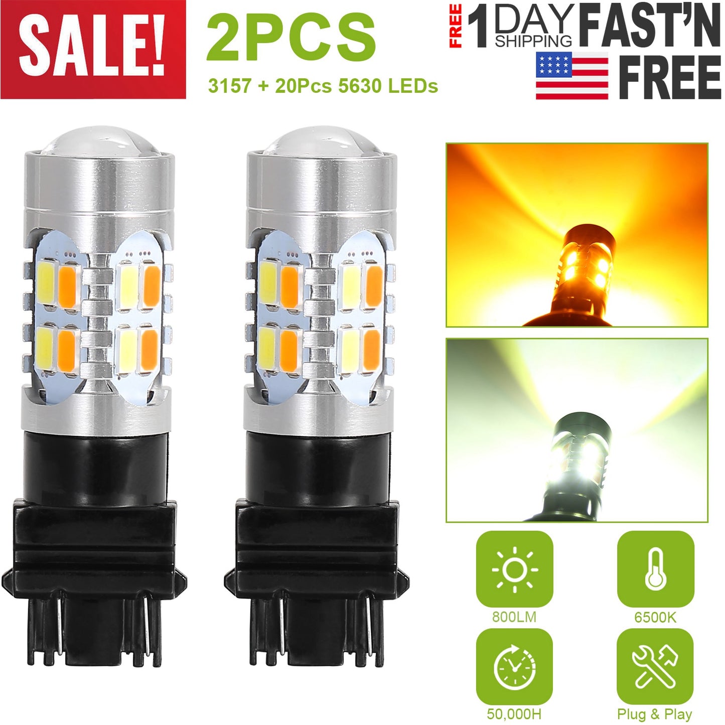 LJGelectro - 2 Pcs T25 3157 800LM Turn Signal Parking DRL LED Light Bulbs with LED Load Resistors Light Decoder Kit