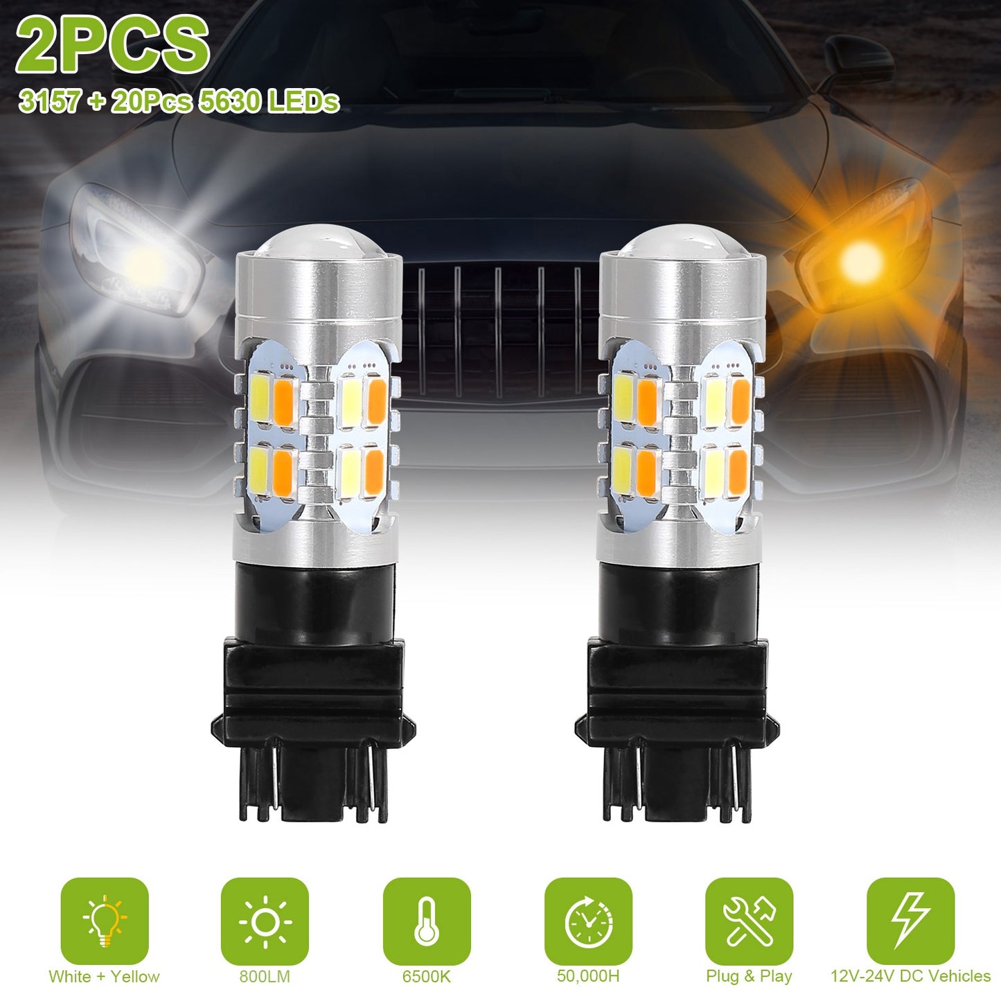 LJGelectro - 2 Pcs T25 3157 800LM Turn Signal Parking DRL LED Light Bulbs with LED Load Resistors Light Decoder Kit