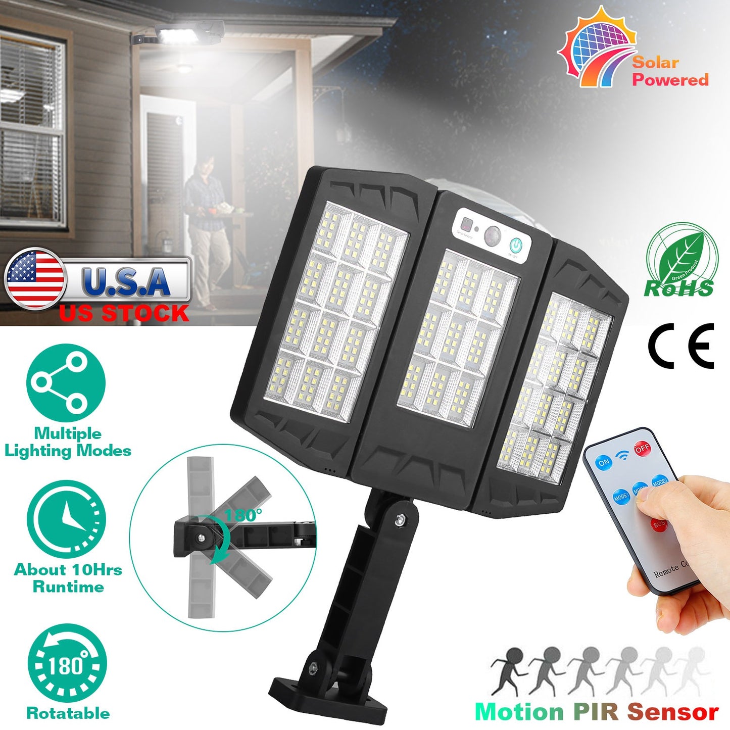 LJGelectro - Solar Wall Light Outdoor 264Pcs LED Beads PIR Motion Sensor Remote Control Wireless Lamps IP45 Waterproof Lighting for Garage Front Door Garden Pathwa