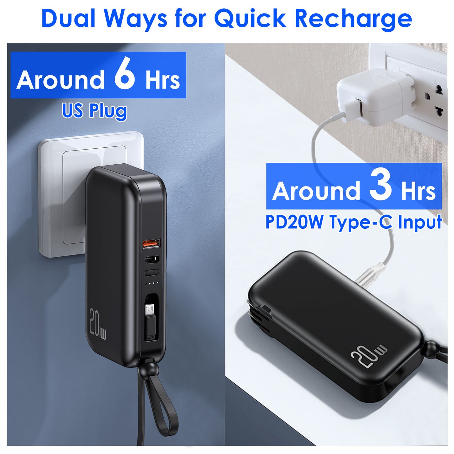 LJGelectro - 10000mAh Portable Charger with US Plug 3 Inbuilt Cables PD20W QC18W Fast Charging Power Bank with 5 Outputs External Battery Pack Fit For IOSPhone 14