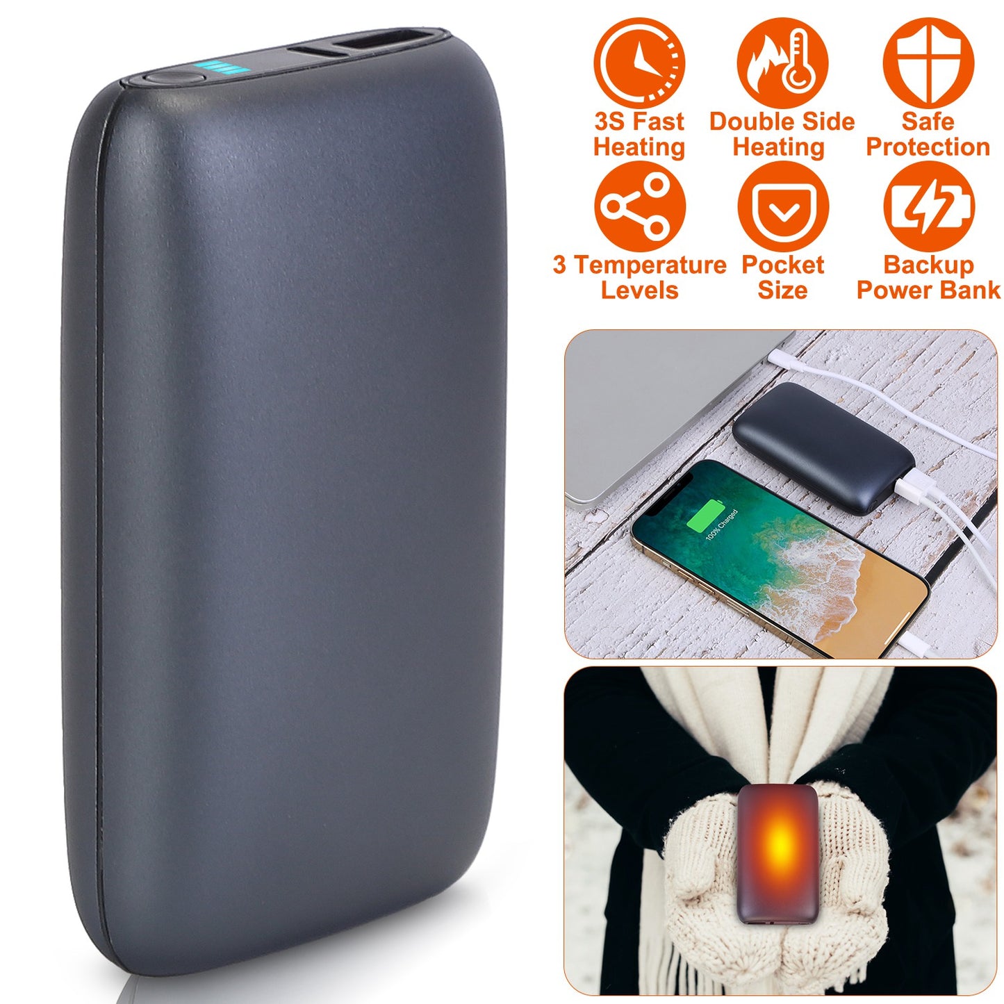 LJGelectro - Electric Double Sided Hand Warmer 10000mAh Battery Backup Power Bank Rechargeable Hand Heater with 3 Temperature Levels Portable Pocket Warmer