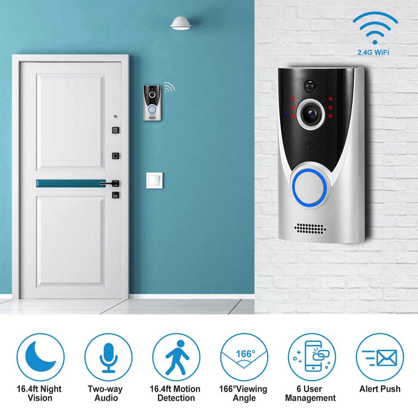 LJGelectro - WiFi Video Doorbell Wireless Door Bell 720P HD WiFi Security Camera w/ Two-way Talk PIR Motion Detection IR Night Vision Home Security Camcorder Offic