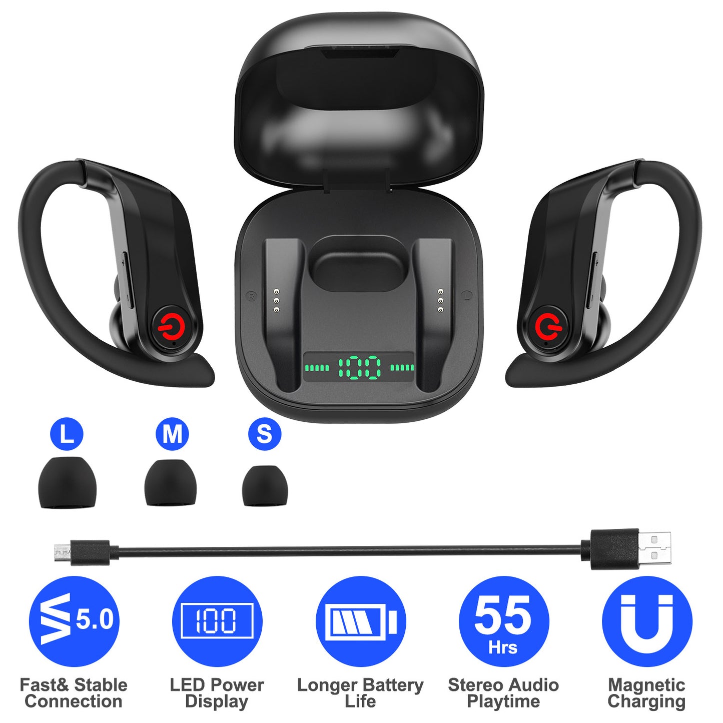 LJGelectro - True Wireless Earbuds TWS Stereo Earphones In-Ear Wireless V5.0 Headsets with LED Display Magnetic Charging Case Built-in Mic with Deep Bass IPX5 Wate