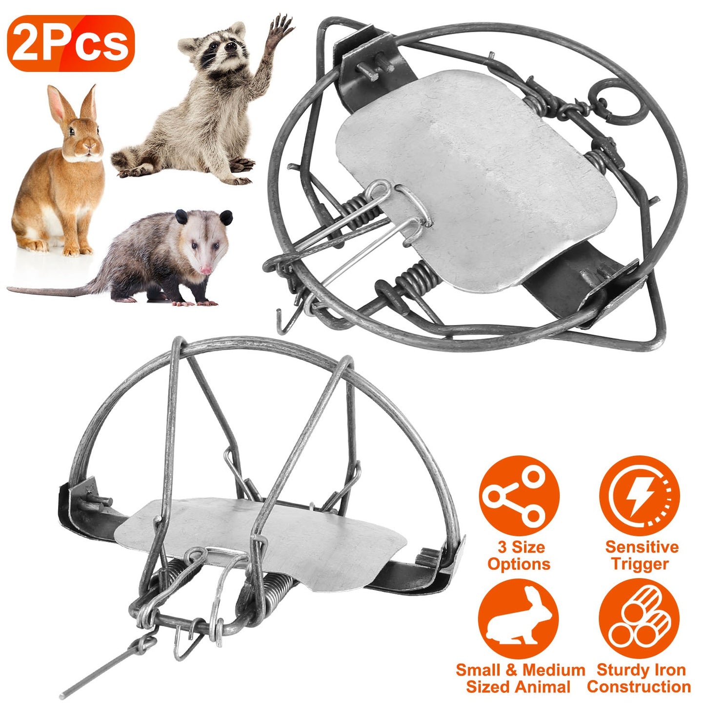 LJGelectro - 2Pcs Animal Spring Trap Sturdy Iron Animal Snap Trap 7In Powerful Reusable Fox Raccoon Rabbit Skunk Feral Small Medium Sized Animal Hunting Trap