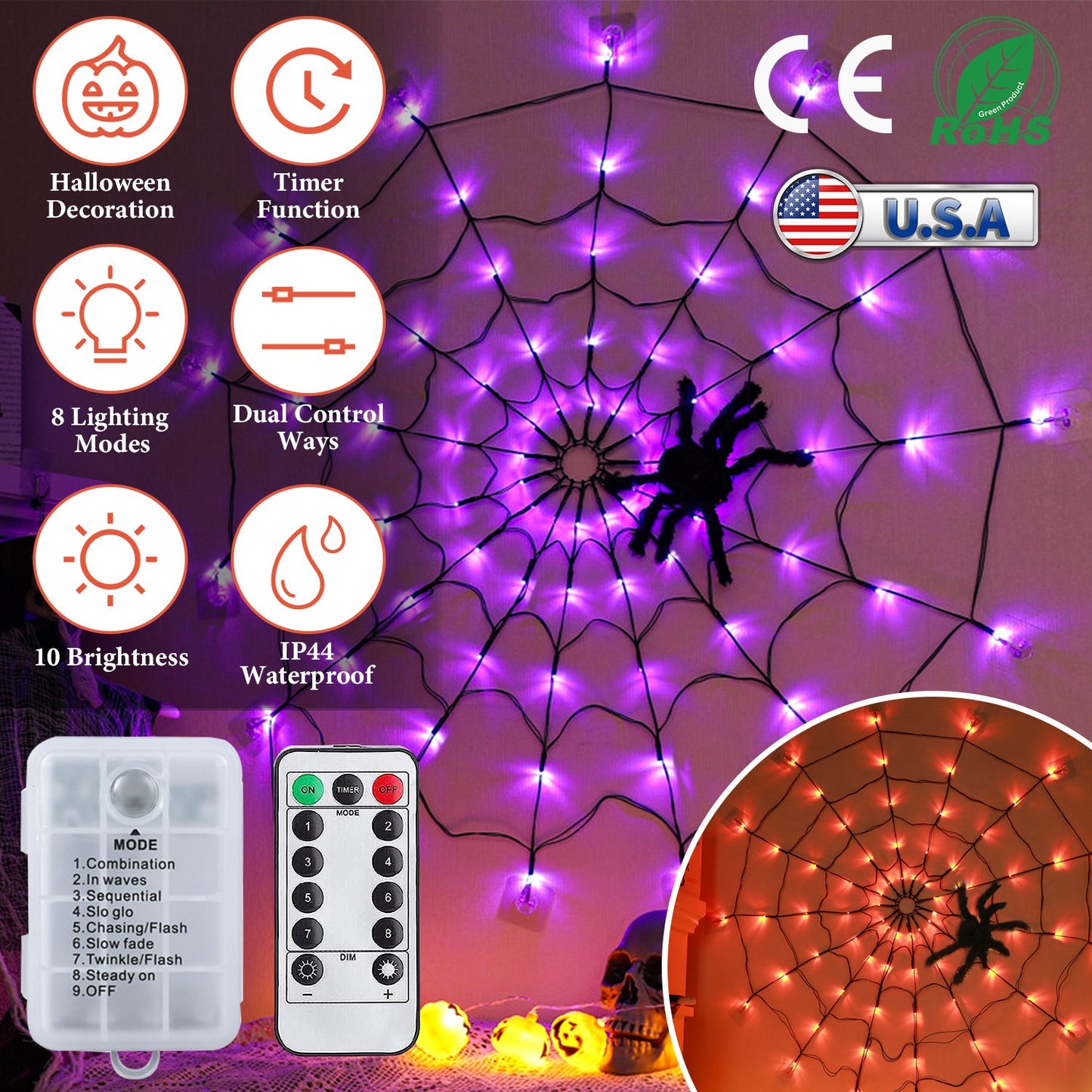 LJGelectro - 3.28FT Spider Web Light with Hairy Spider 70LED Battery Powered Remote Control 8 Lighting Modes Glowing Outdoor Indoor Wall Halloween Decoration