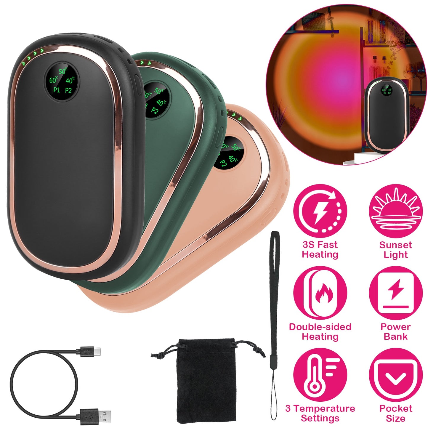 LJGelectro - Rechargeable Hand Warmer Electric Hand Heater Portable Reusable Pocket Warmer Power Bank with Digital Display Sunset Light 3 Levels Double-sided Heati