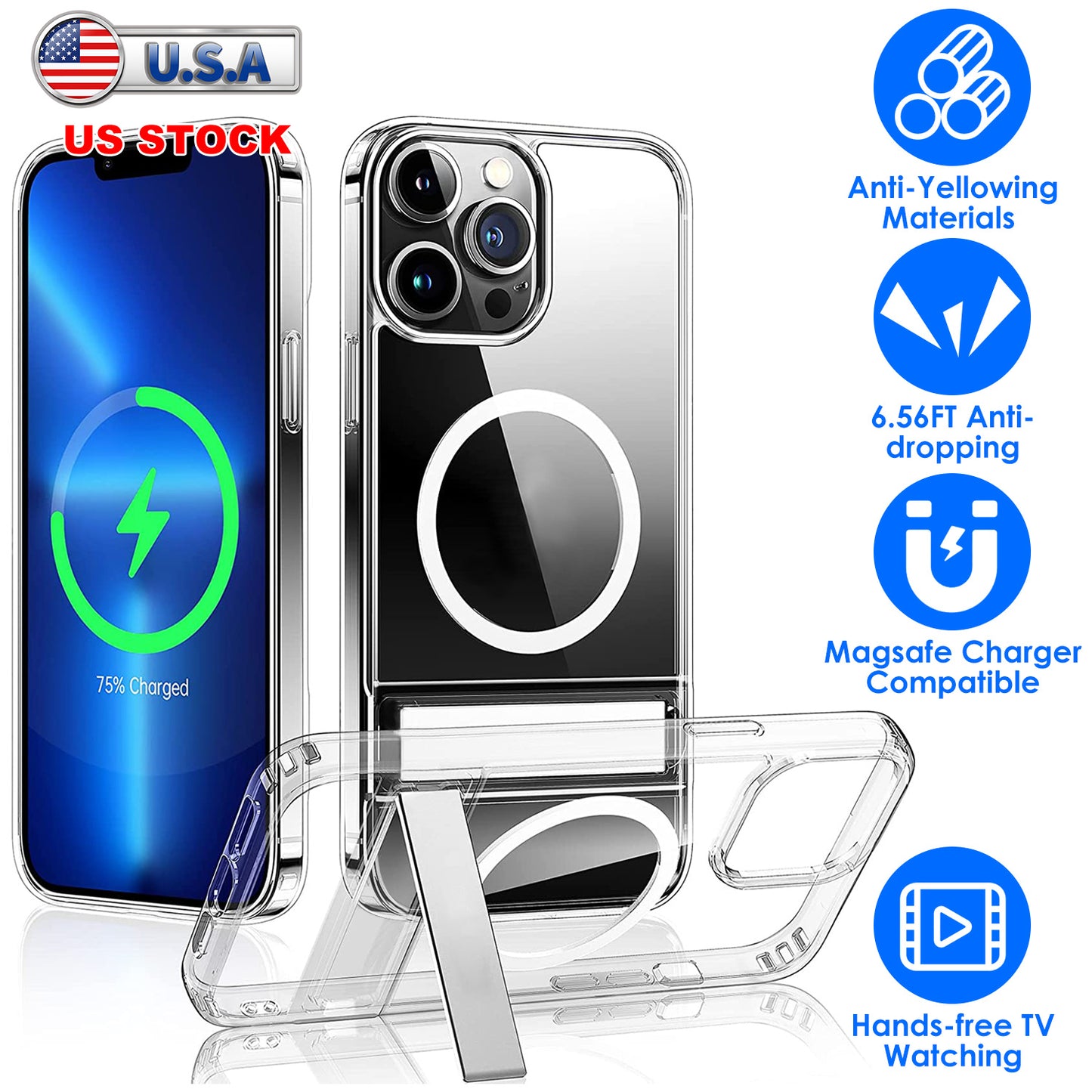 LJGelectro - Magnetic Metal Kickstand Clear Case Shockproof Anti Yellowing Phone Cover Compatible with Magsafe Fit for IOS Phone 14 Plus