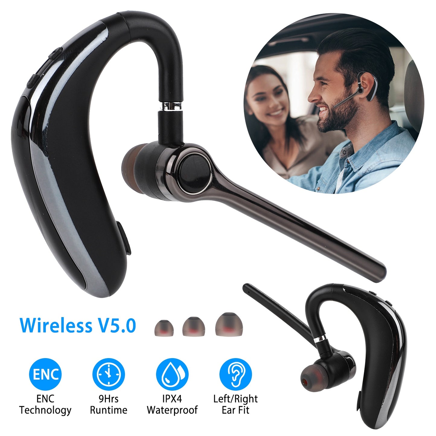 LJGelectro - Wireless V5.0 Earpiece ENC Driving Earbuds 180° Rotatable Left Right Ear Fit Earphone For Business Driving Running