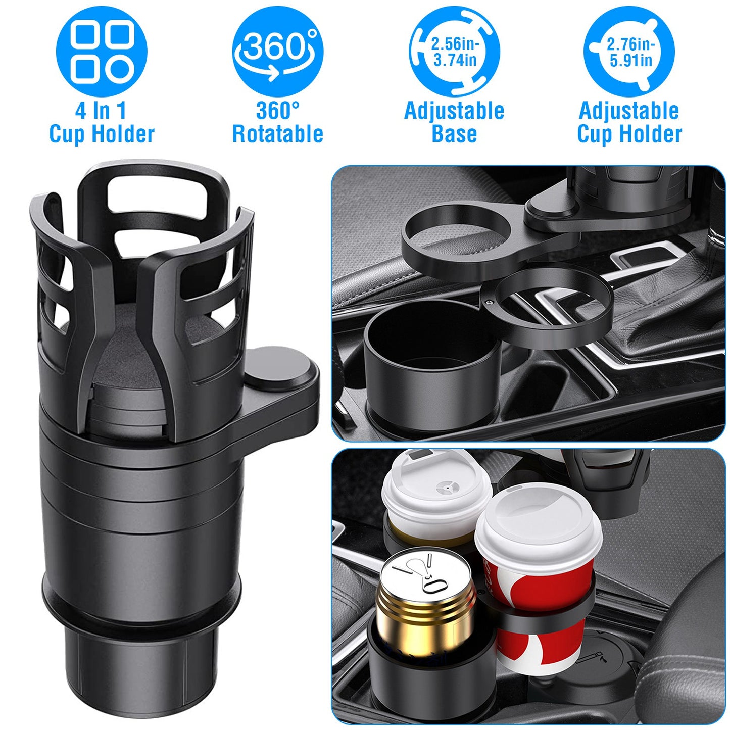 LJGelectro - 4 In 1 Car Cup Holder Expander Adapter Multifunctional Water Cup Mount Stand 360° Rotating Drink Bottle Organizer with Adjustable Base