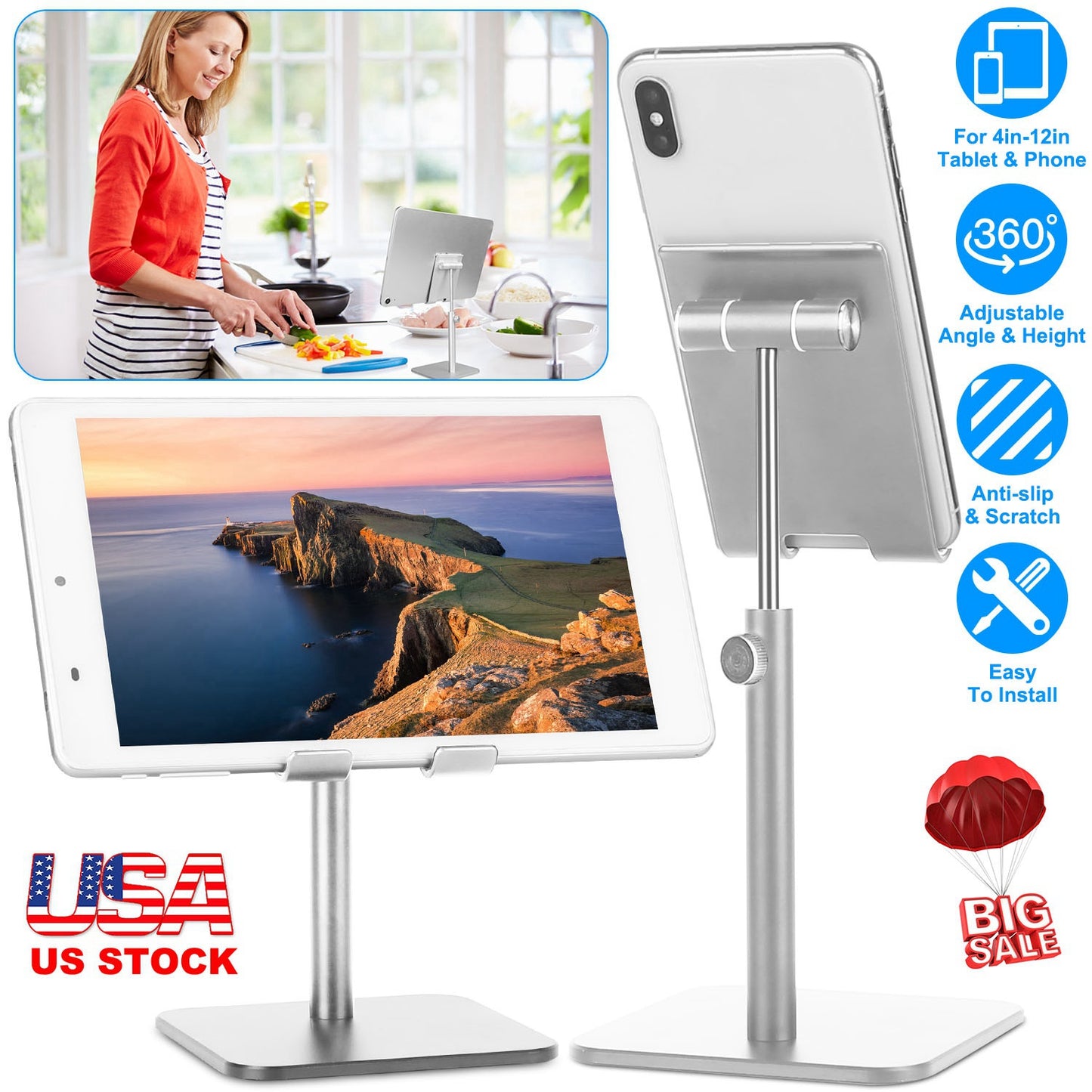 LJGelectro - Adjustable Cell Phone Tablet Stand Desktop Holder Mount Bracket Dock Fit for iPad Kindle iPhone Aluminum Alloy