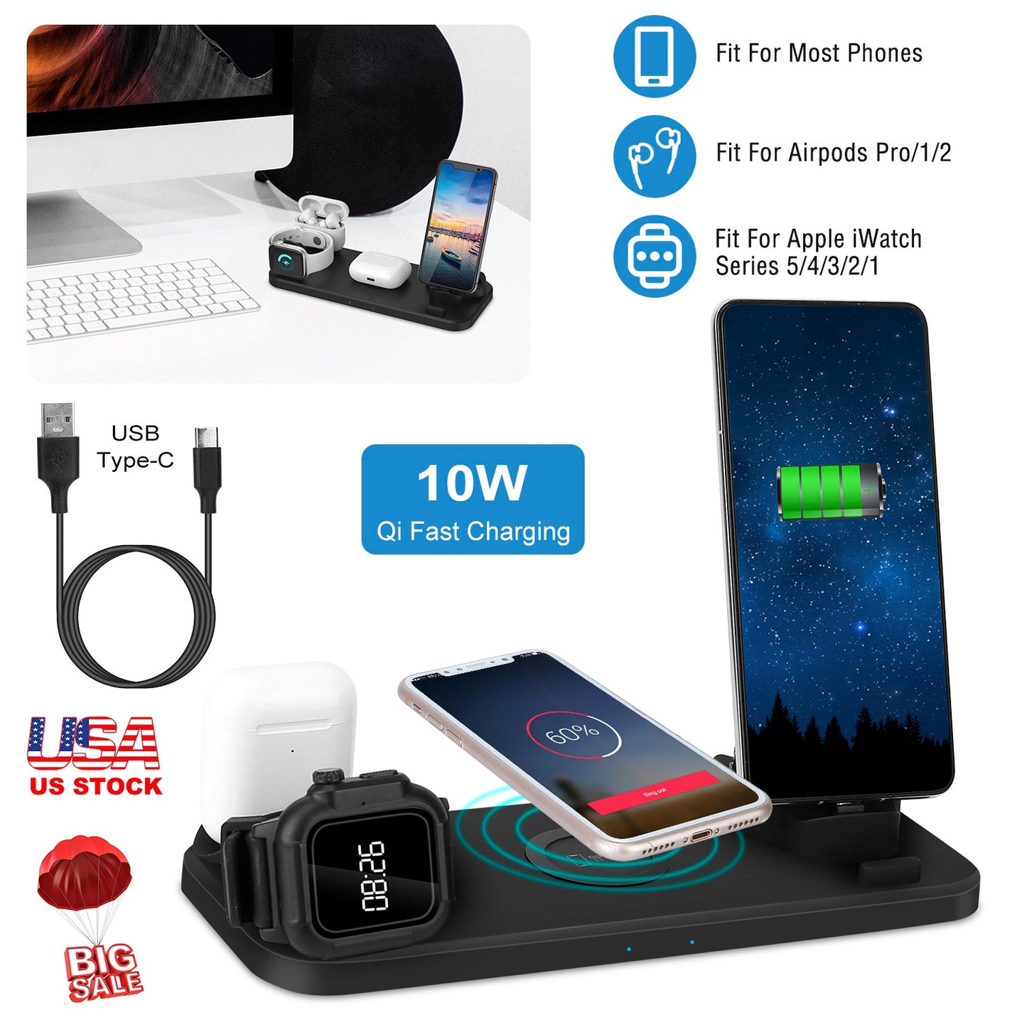 LJGelectro - 6 In 1 Qi Wireless Charger 10W Fast Charging Station Fit For iWatch 5/4/3/2/1 Airpods Pro/1/2 IOS phone Xs/MAX/XR/X/8/8Plus/11/Pro/11Pro max Galaxy No