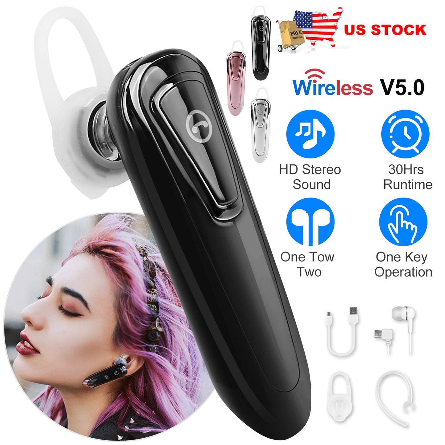 LJGelectro - Wireless V5.0 Neckband Headset Multipoint Noise Cancellation Earpiece 30Hrs Runtime Stereo Earphone For Driver Businessman Traveler