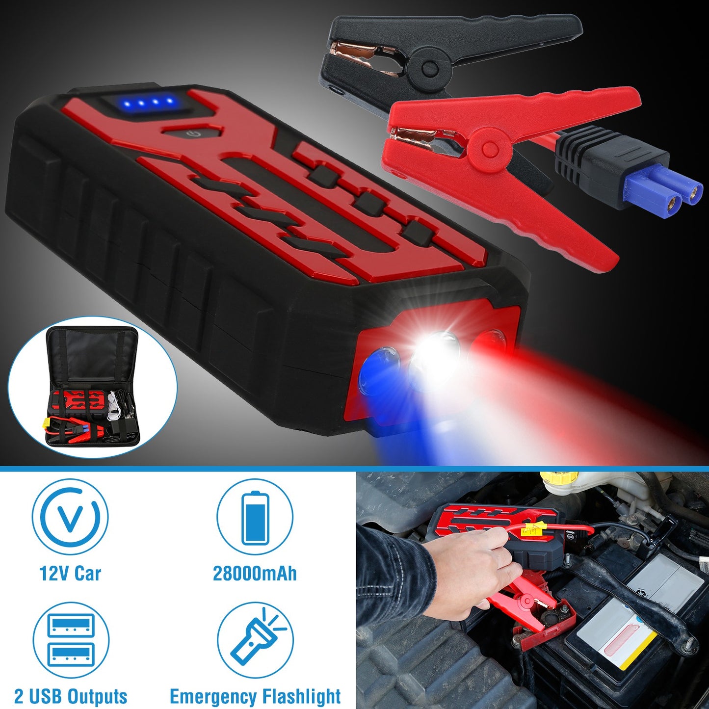 LJGelectro - Car Jump Starter Booster 800A Peak 28000mAh Battery Charger Power Bank w/ 4 Modes LED Flashlight for Up to 6.0L Gas or 4.0L Diesel Engine Car