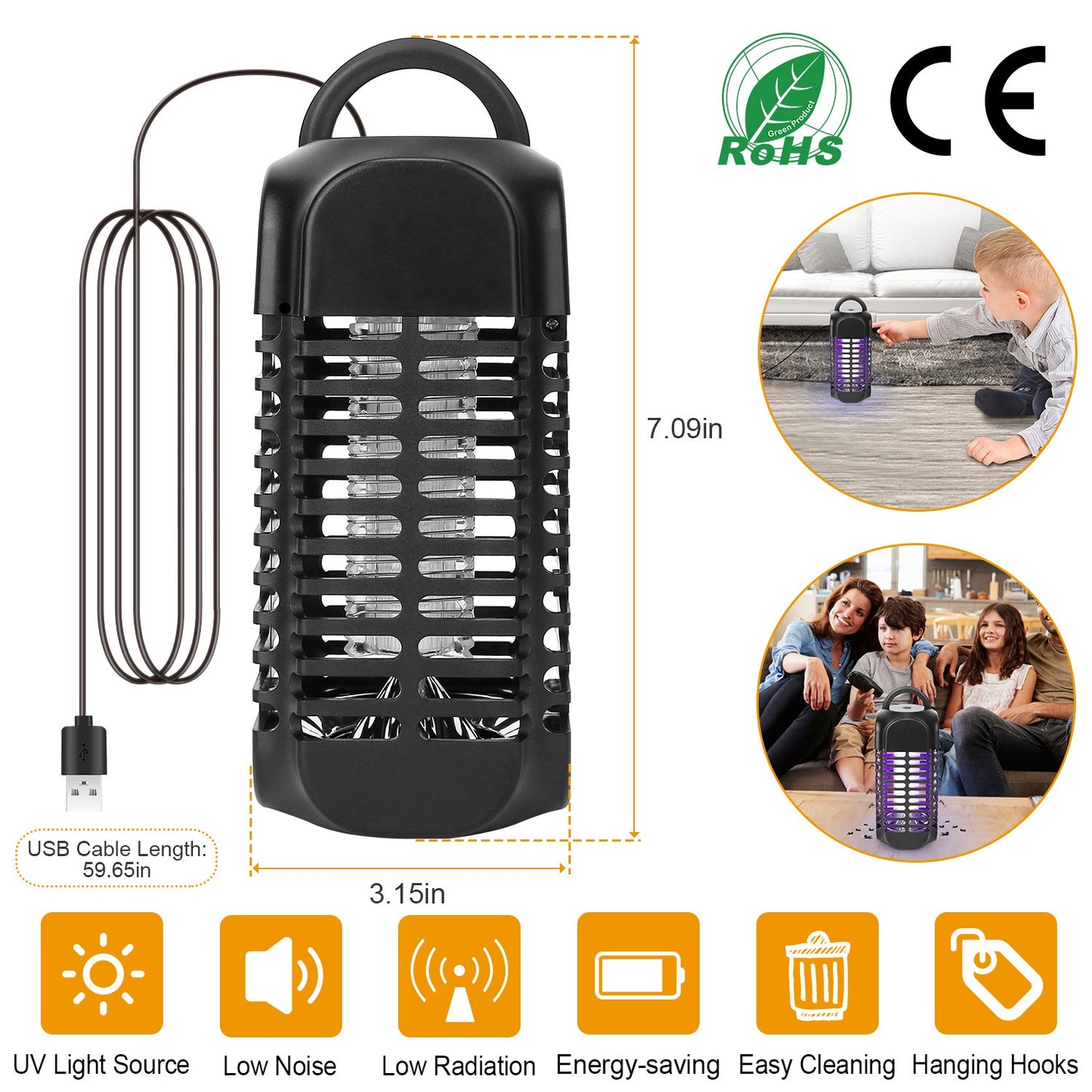 LJGelectro - Bug Zapper Electric Mosquito Killer UV Lamp Insect Killer Light Pest Fly Trap Catcher Harmless Odorless Noiseless Narrow Safe Gap for Home Restaurant