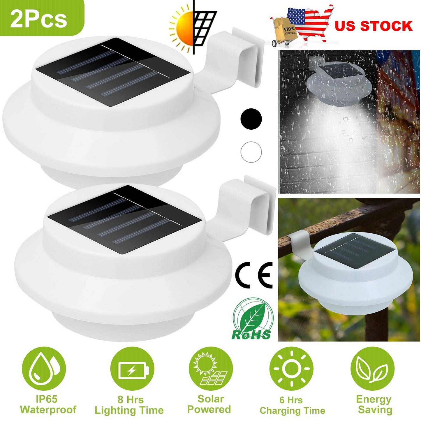 LJGelectro - 2Pcs Solar Powered Gutter Lights Outdoor IP65 Waterproof Dusk to Dawn Sensor Security Lamps Solar Wall Fence Yard Lamps