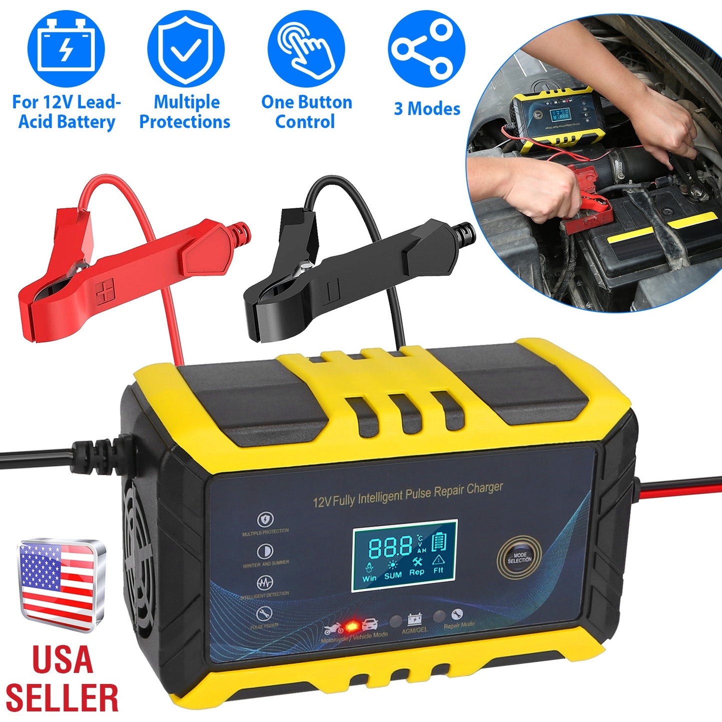 LJGelectro - Car Battery Charger 12V/6A Smart Automatic Battery Charger Pulse Repair Battery Charger with LCD Display for Car Truck Motorcycle RV SUV