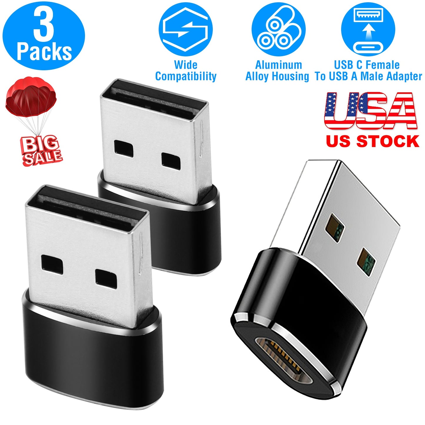 LJGelectro - 3 Packs USB C Type-C Female to USB Type A Male Port Converter Adapter Connector