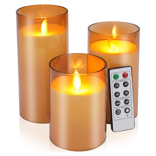 LJGelectro - 3Packs Flameless Candles Battery Operated Pillar Real Wax LED Glass Candle Warm White with Remote Control Timer