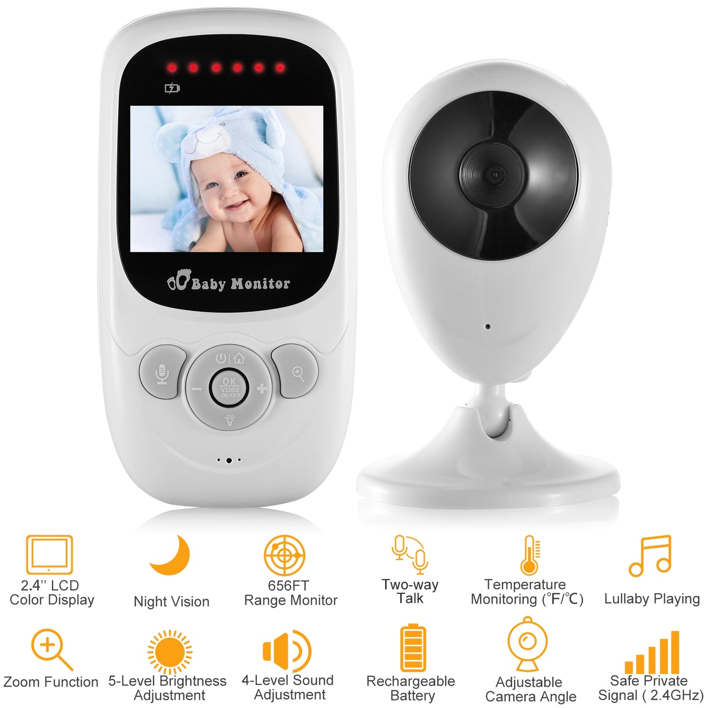 LJGelectro - 656FT Video Baby Monitor w/ Digital Camera Infrared Night Vision 2.4’’ LCD Two-way Talk Zoom Function 2.4GHz Wireless Transmission Temperature Monitor