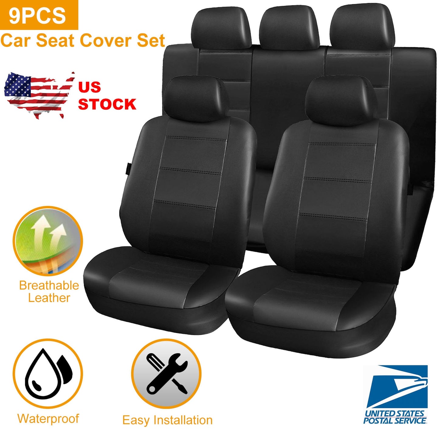 LJGelectro - 9Pcs Car Seat Cover Set PU Leather Auto Seat Cover Protector Front Back Seat Protector Cushion