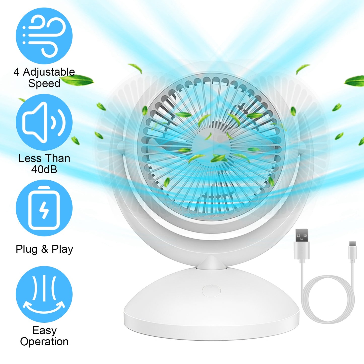 LJGelectro - Air Circulator Desk Fan Portable Desktop Rechargeable Oscillating Fan with 4 Speeds 360 Degree Tilt Head Automatic Rotation Quiet 40dB Table Fan for H