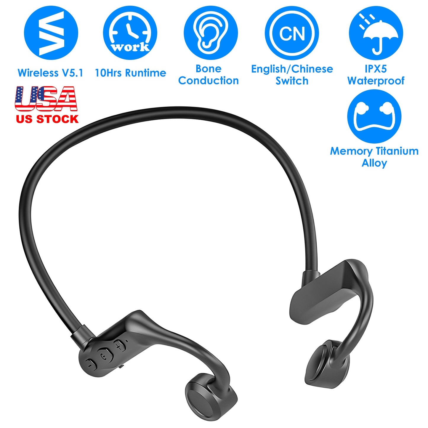 LJGelectro - IPX5 Waterproof Wireless V5.1 Bone Conduction Earphones Open-Ear Wireless Headsets Music Sport Wireless Open Hook Earphone with Sensitive Mic For Busi