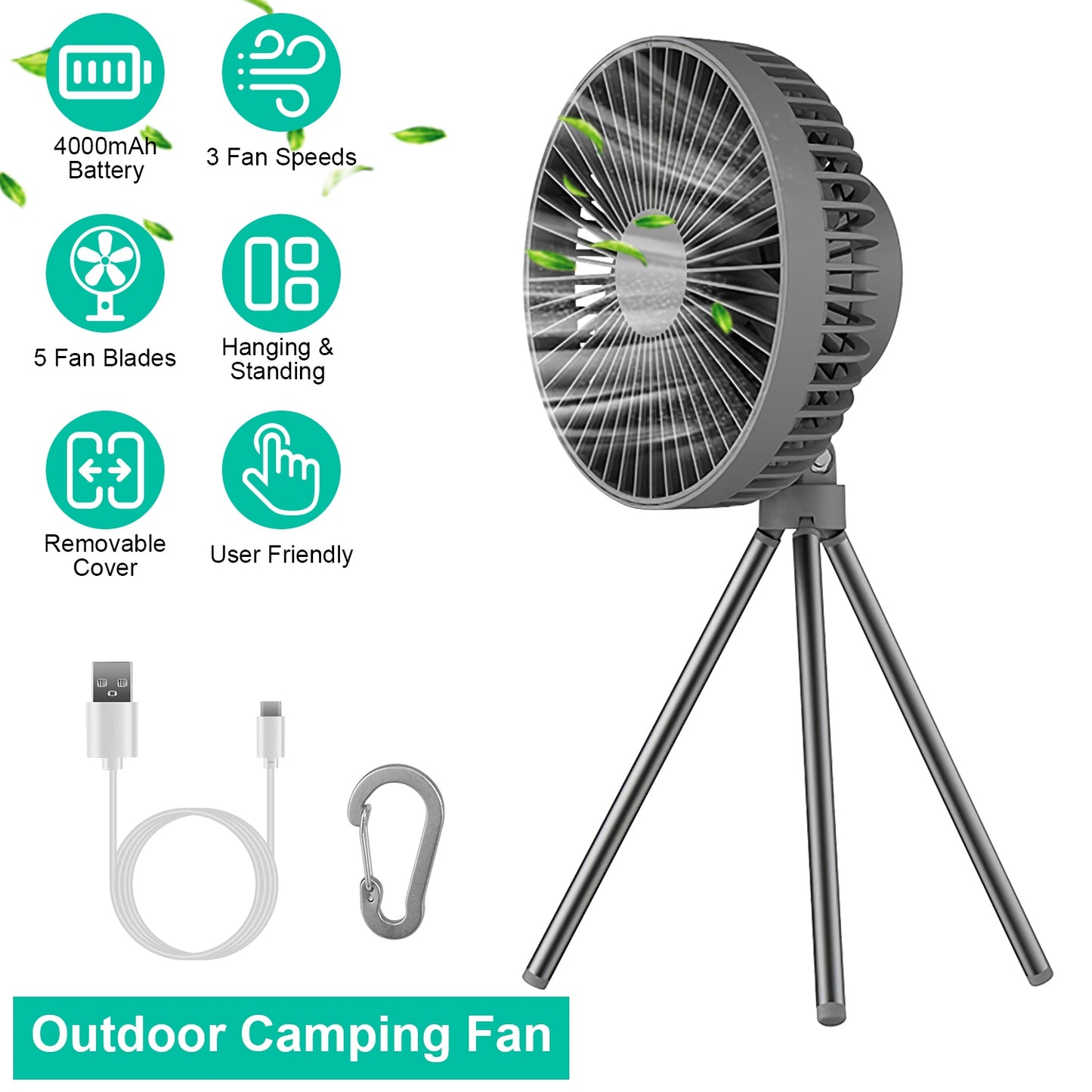 LJGelectro - Portable Camping Fan Rechargeable Battery Powered Foldable Tripod Fan for Tent with Hanging Hook Carabiner Personal Desk Fan with 3 Speed Setting for