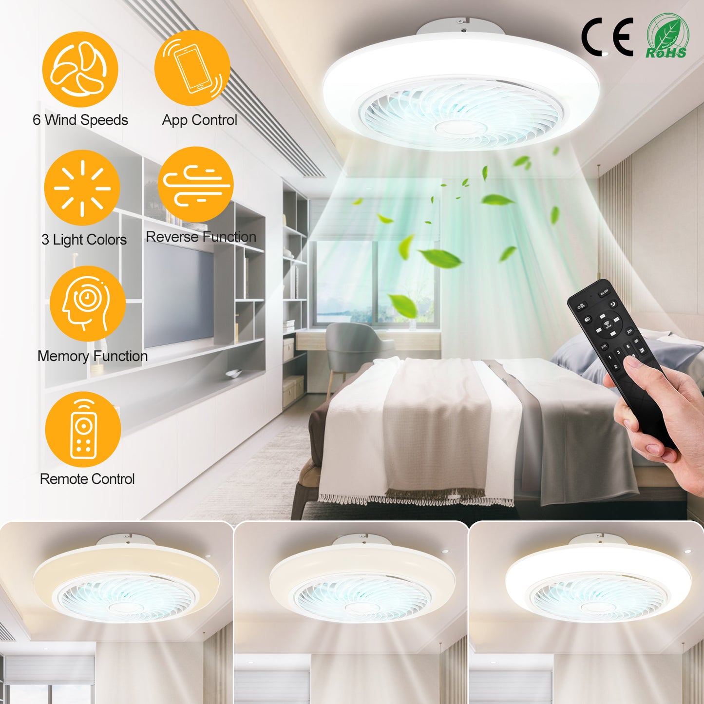 LJGelectro - 17.71in LED Ceiling Fan with Light Round Pendant Fan Lamp Low Profile Fan Light with 6 Fan Speed 3 Colors Remote Control APP Control Timer Function