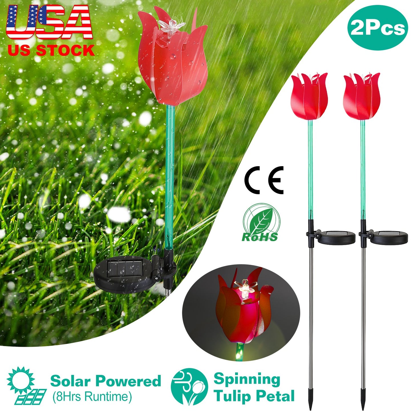 LJGelectro - 2Pcs Solar Powered Tulip Garden Light Wind Mill Waterproof Landscape Stake Lamp Decorative Lawn Lights For Yard Driveway Walkway Patio