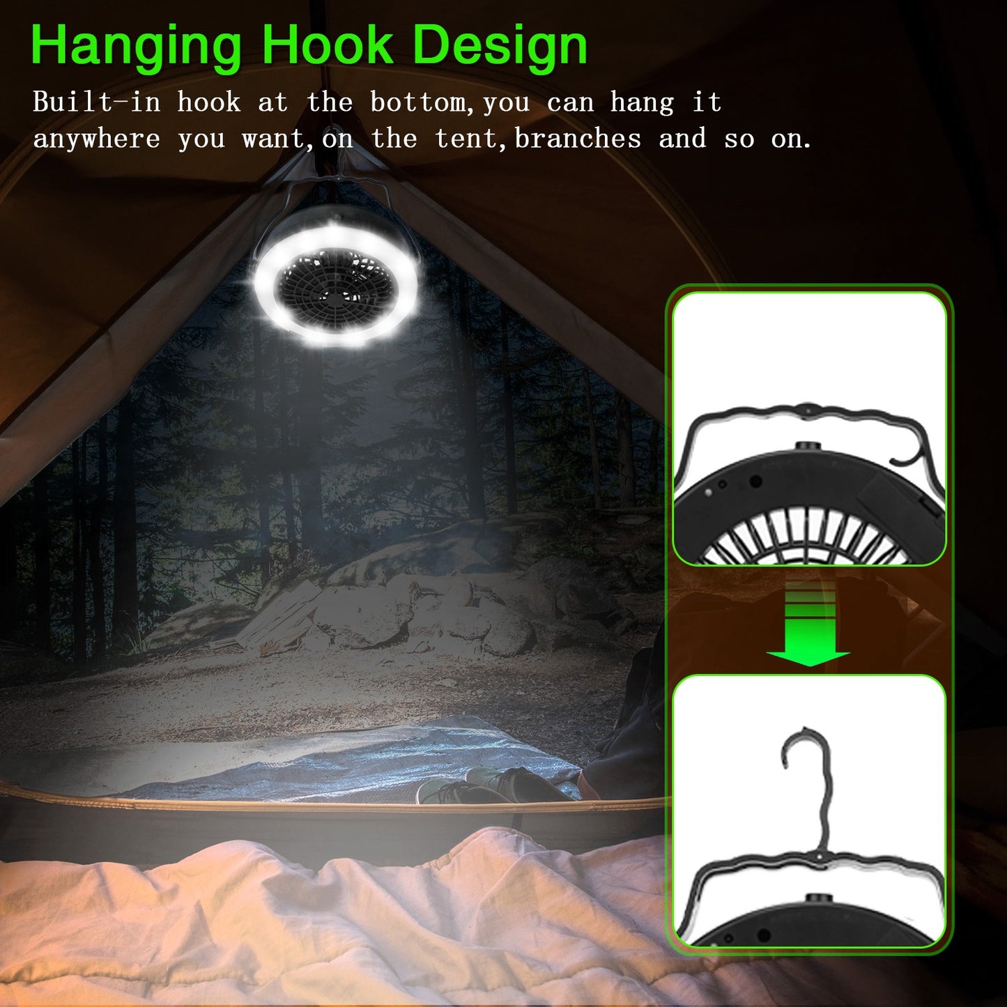 LJGelectro - Portable Camping LED Fan 2 in 1 Outdoor Battery/USB Operated Hanging Hook Camping Hiking Travel Lantern Cooling Fan