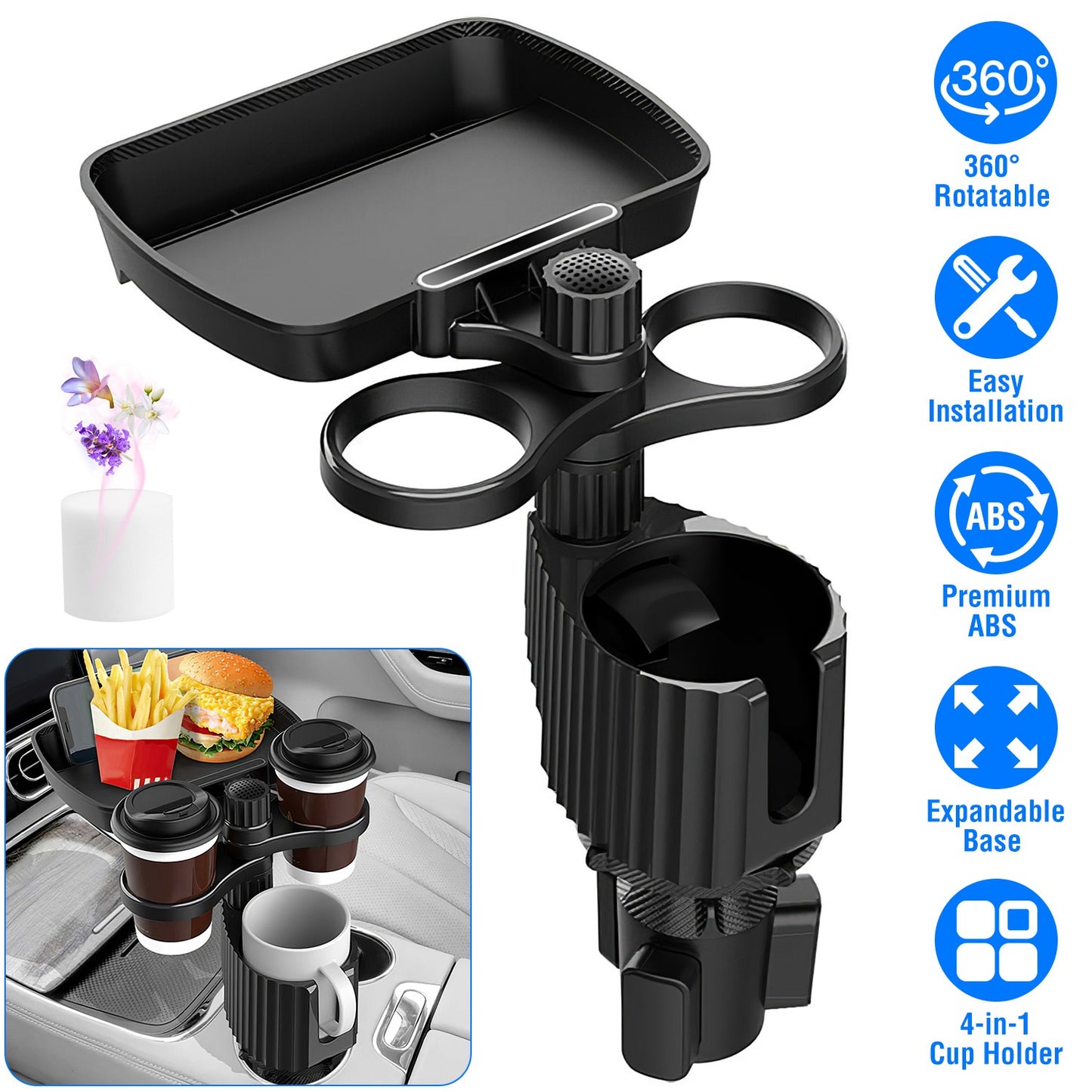 LJGelectro - 4-in-1 Car Cup Holder Tray Food Table Phone Holder Car Expander Detachable 360 Degree Rotatable Car Desk