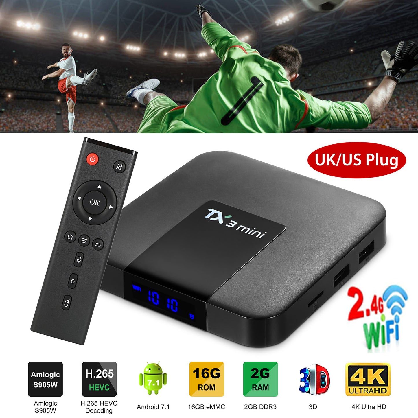 LJGelectro - Android 7.1 TV Box S905W Quad-core Arm Cortex-A53 Set Top Box 2GB / 16GB UHD 4K H.265 WiFi Smart Streaming Media Player US UK Plug