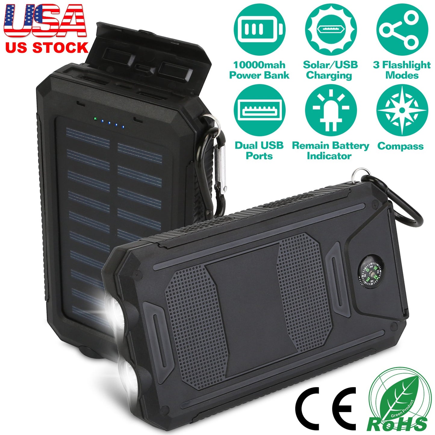 LJGelectro - 10000mAh Solar Power Bank External Battery Pack Dual USB Ports Outdoor Charger with Battery Indicators SOS LED Lights Compass Camping Hiking