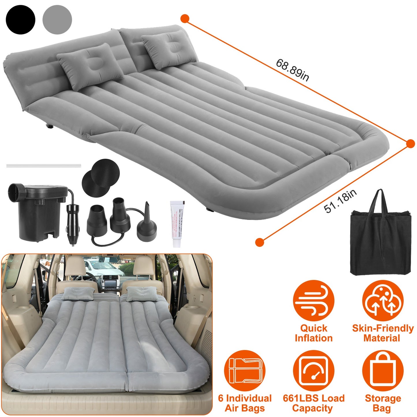 LJGelectro - Inflatable SUV Air Mattress Thickened Camping Bed Cushion with Pillow Air Pump Storage Bag PVC Flocked Car Bed for Home Car Travel Camping