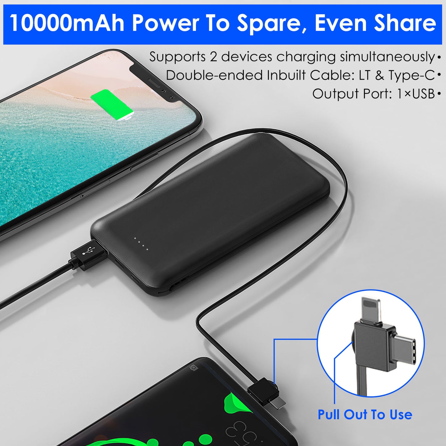 LJGelectro - 10000mAh Power Bank Portable Phone Charger External Battery Pack with LT & Type-C Double-ended Cable Type-C USB Cable Fit For IOSPhone 14 Android And