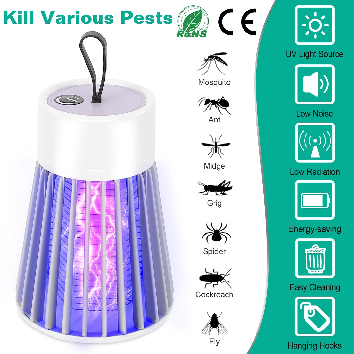 LJGelectro - Electric Bug Zapper Mosquito Insect Killer Lamp Portable LED Light Fly Trap Catcher w/ LED Light