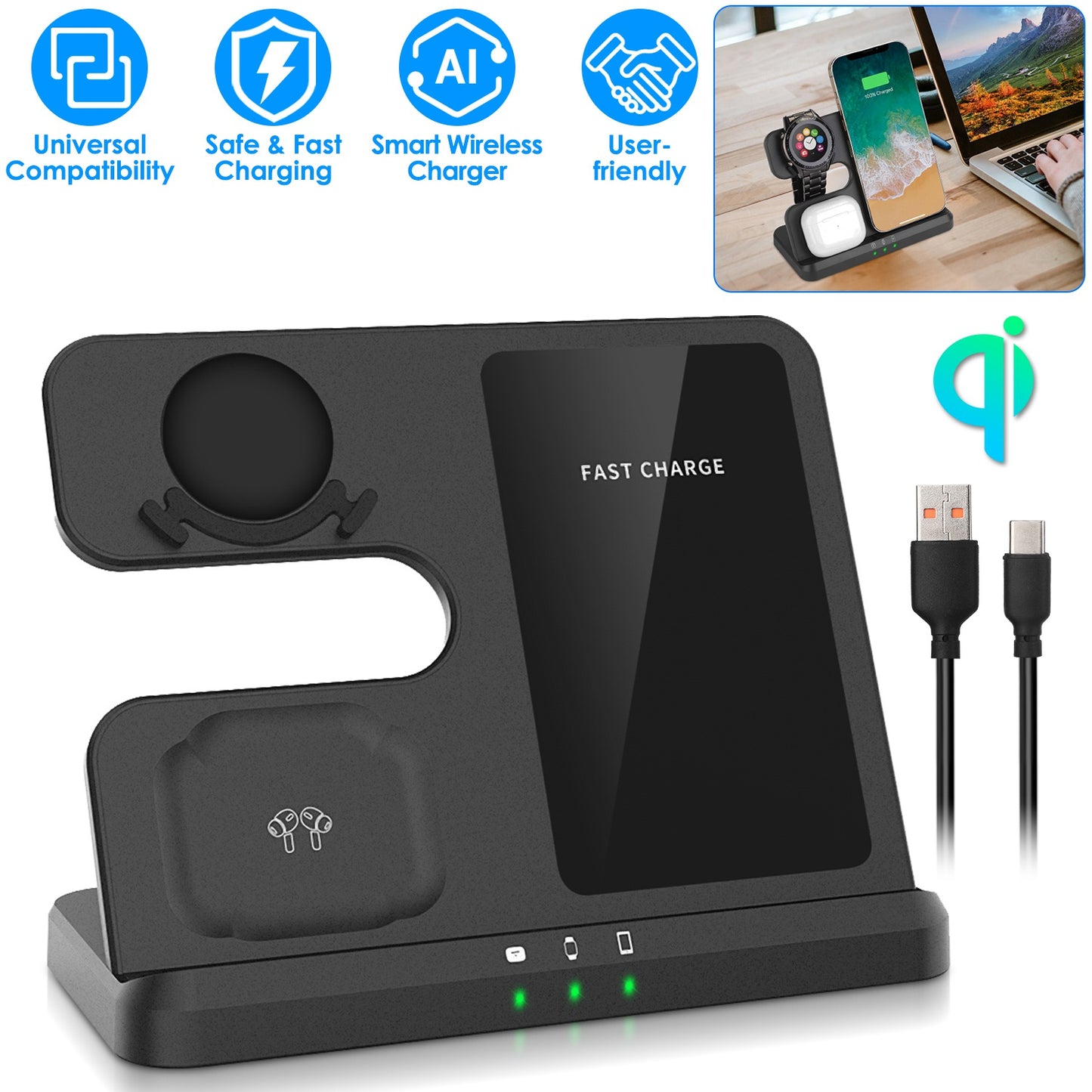 LJGelectro - 3 In 1 Fast Wireless Charger for Qi-enabled Phones Earphones Watches Wireless Charging Station Fit for IOS Phone 13 12 Pro Pro Max Mini iWatch S7 S6 S