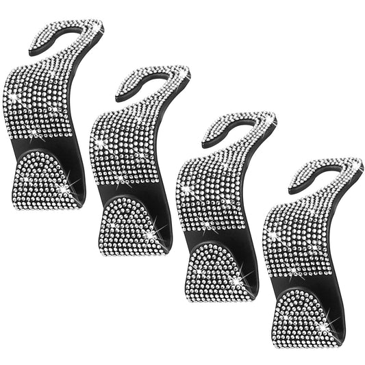 LJGelectro - 4Pcs Car Headrest Hooks Bling Rhinestones Back Seat Organizer Hanger Holder For Bag Purse Cloth Grocery Umbrellas