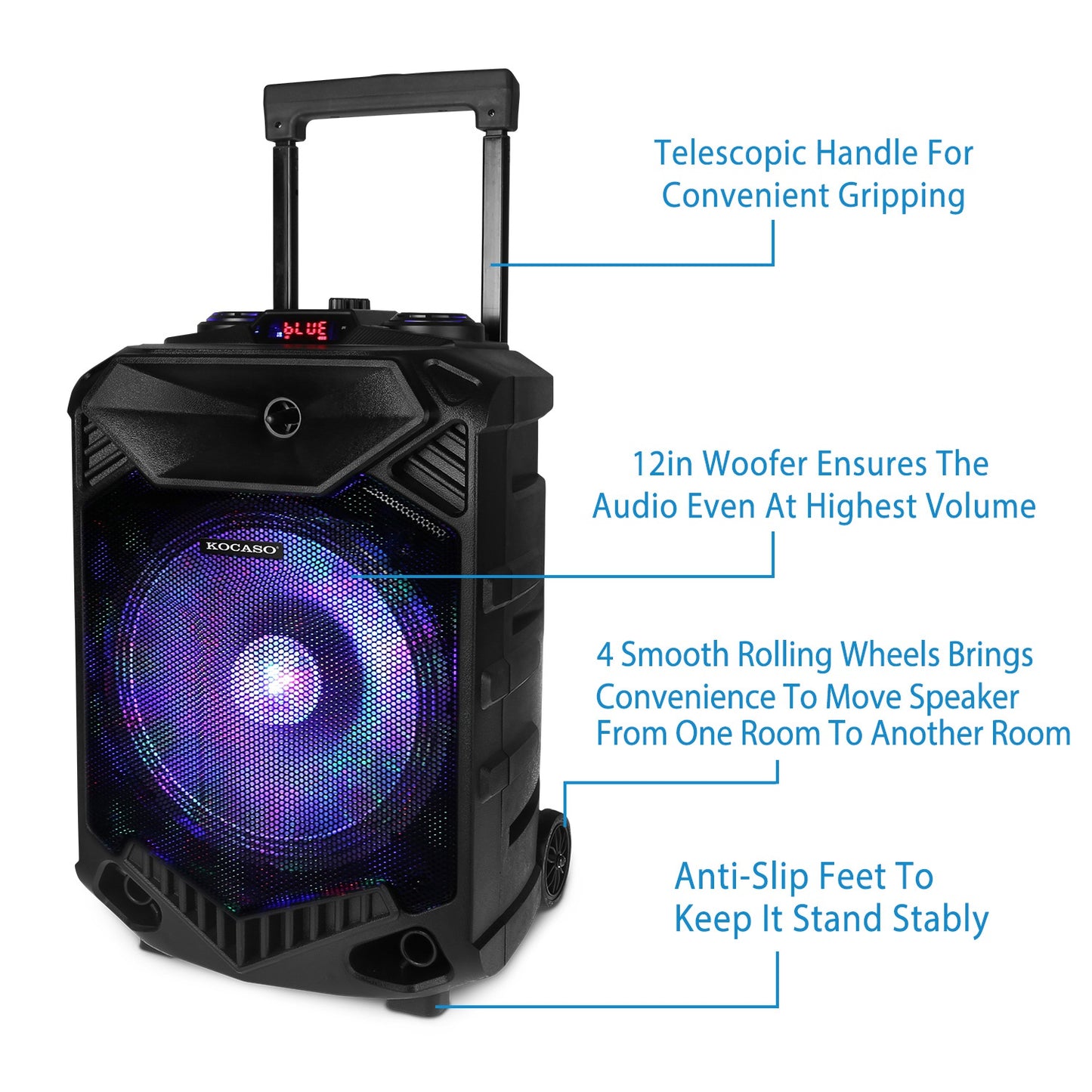 LJGelectro - Wireless Party Speaker 12in Woofer Bass Party Speaker w/ Cordless Microphone FM Radio USB Reading MMC Car Slot Aux-In Flashing LED Colorful Lights